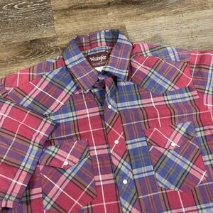 Vintage Wrangler Snap Button Shirt‎ Men's Large Plaid Check Short Sleeve Western
